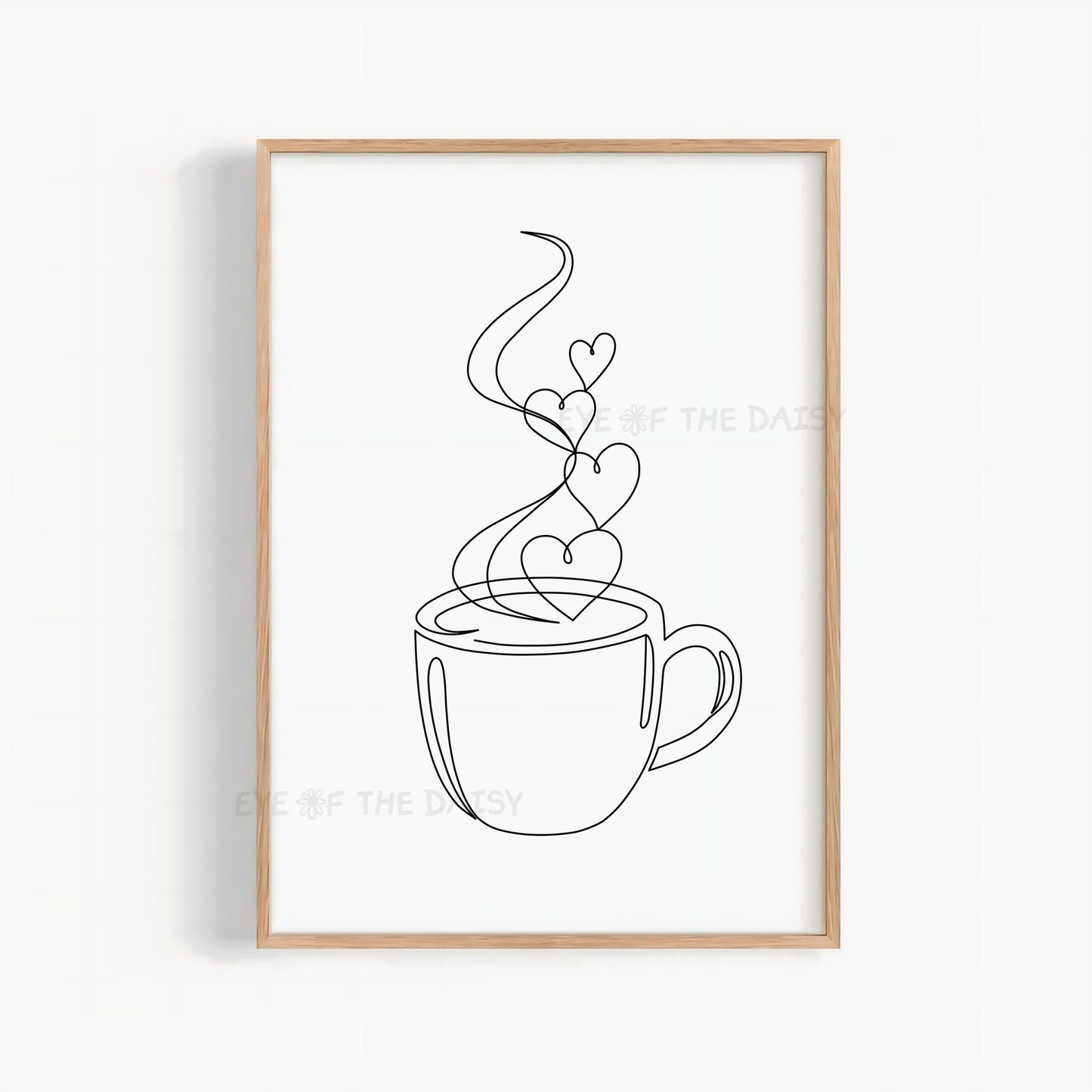 Framed line art print of a coffee cup with heart-shaped steam on a white background in black and white, perfect as DIY wall decor