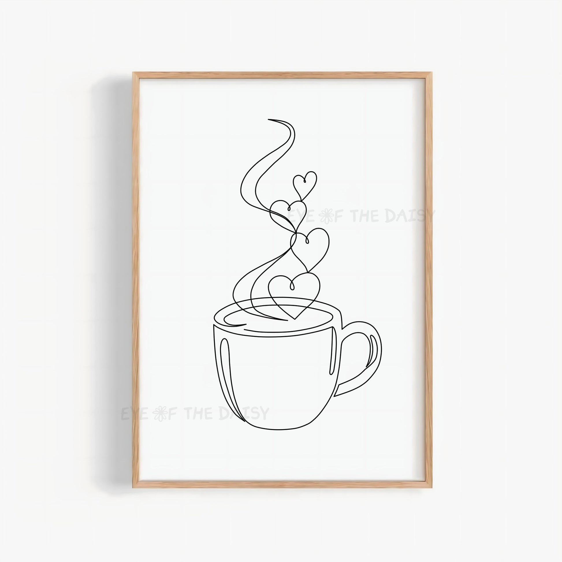 Framed line art print of a coffee cup with heart-shaped steam on a white background in black and white, perfect as DIY wall decor