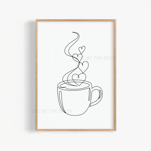 Framed line art print of a coffee cup with heart-shaped steam on a white background in black and white, perfect as DIY wall decor