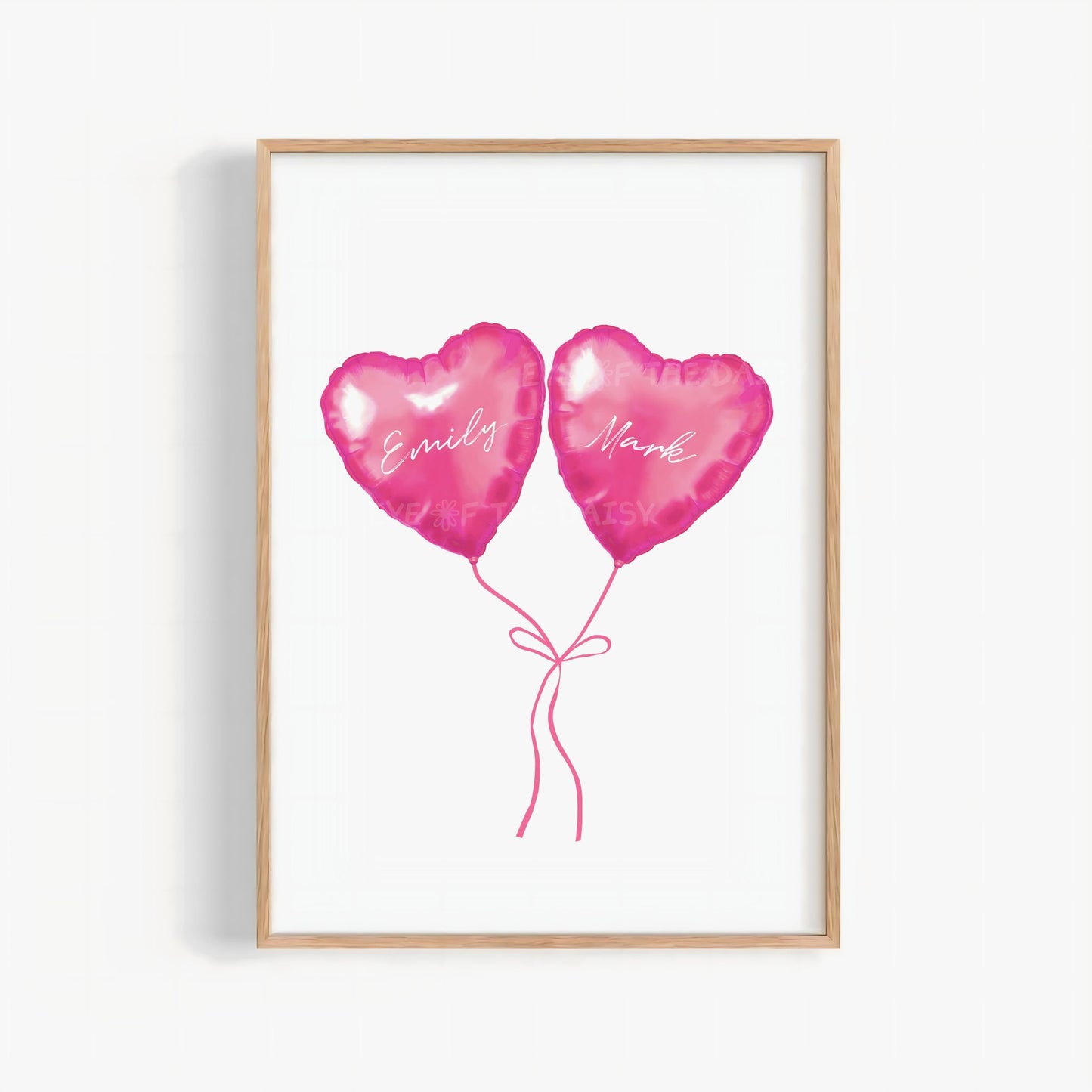 Personalized pink heart balloons printable wall art, modern and romantic couples art print digital download