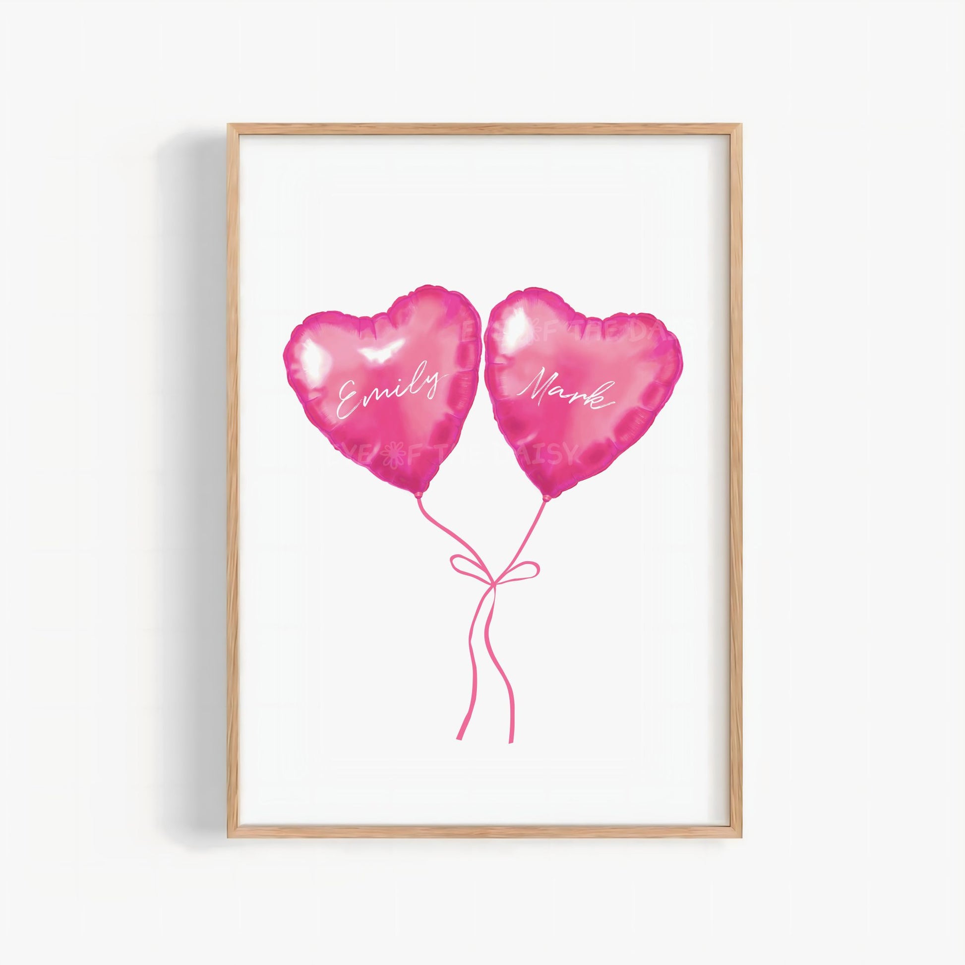 Personalized pink heart balloons printable wall art, modern and romantic couples art print digital download