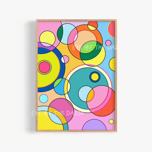 vibrant geometric circles abstract printable wall art, bright colourful modern poster for living room decor