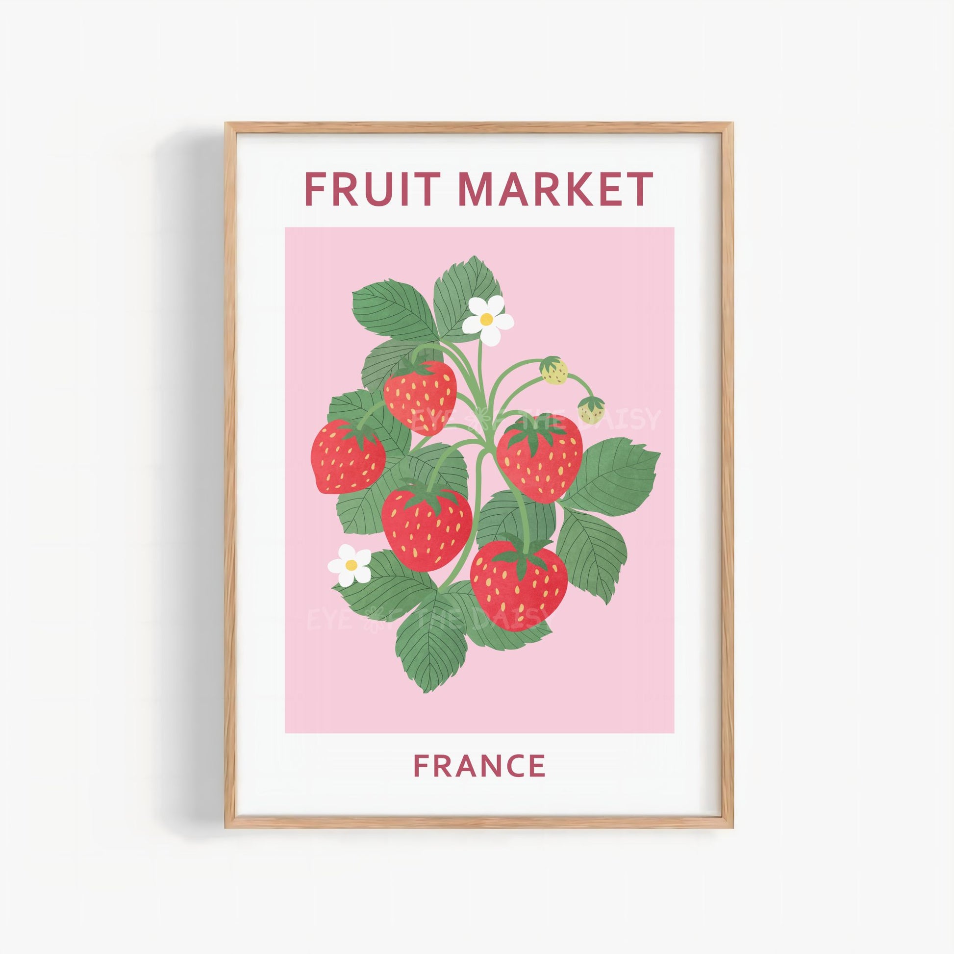 Fruit Market France print — pastel pink red abstract strawberry botanical illustration digital download poster for gallery wall decor