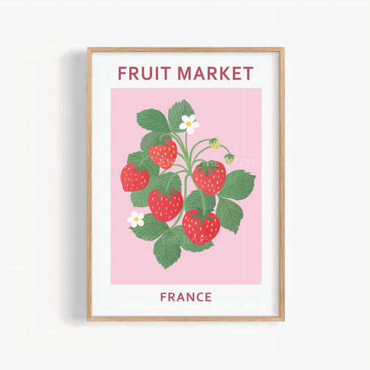 Fruit Market France print — pastel pink red abstract strawberry botanical illustration digital download poster for gallery wall decor