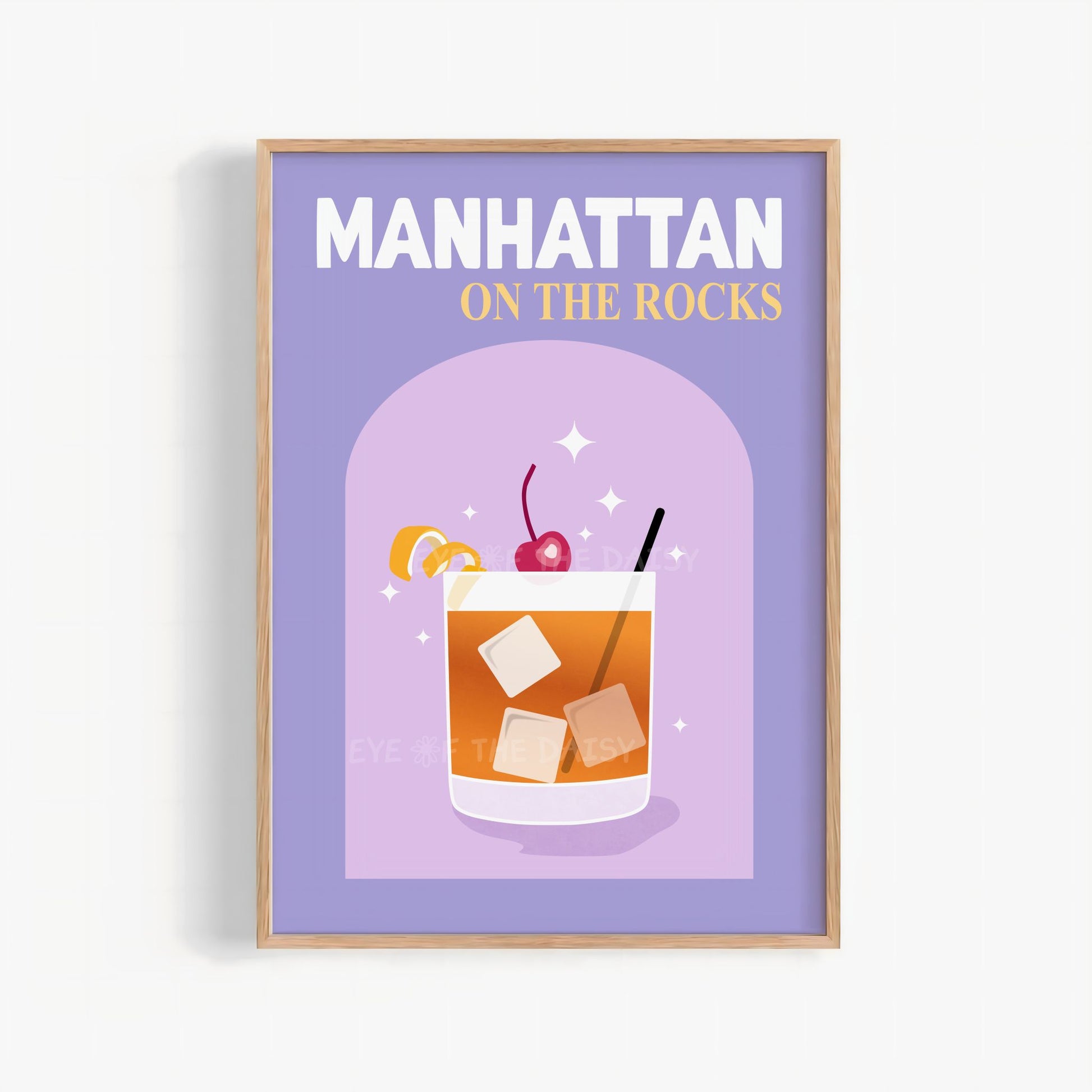 Retro Manhattan cocktail printable wall art in vibrant purple – colorful drink print digital download