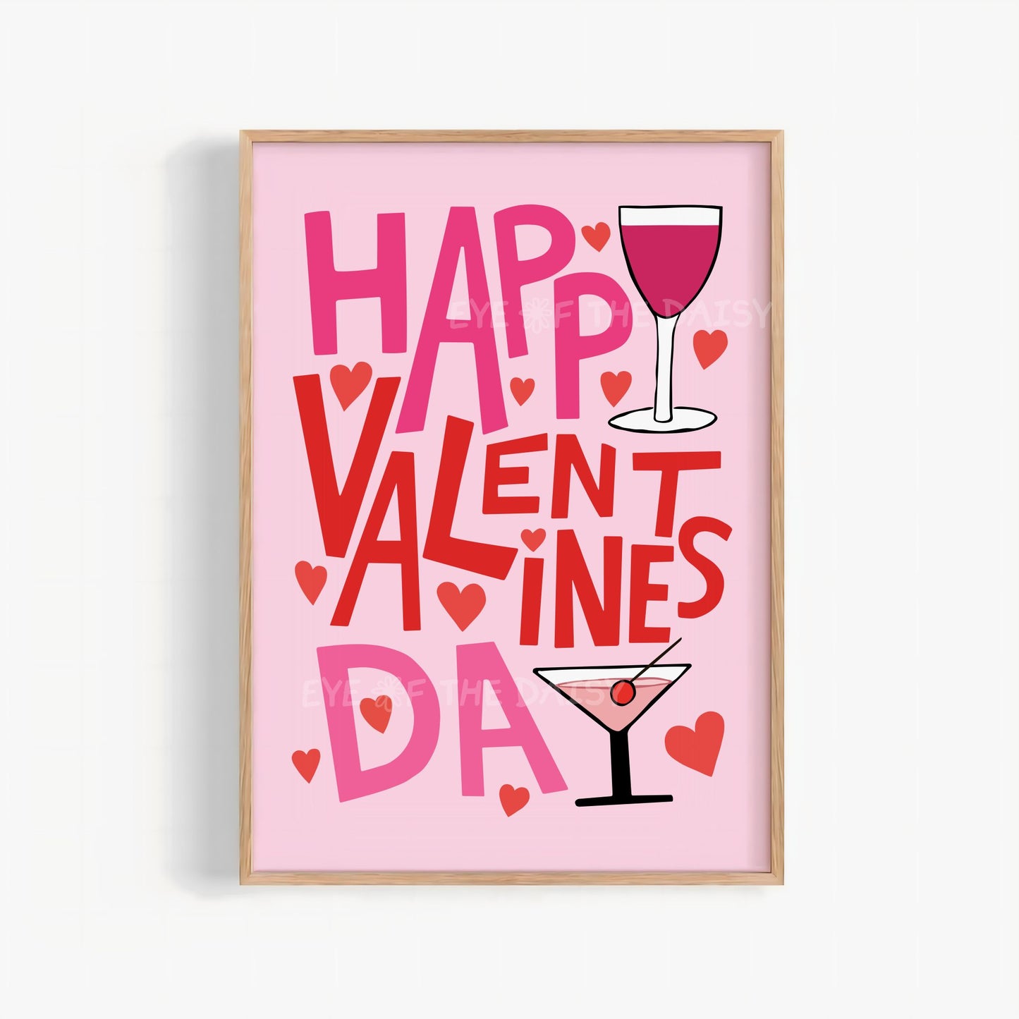 Happy Valentine’s Day printable wall art with bold red and pink typography, retro party poster for kitchens or bars