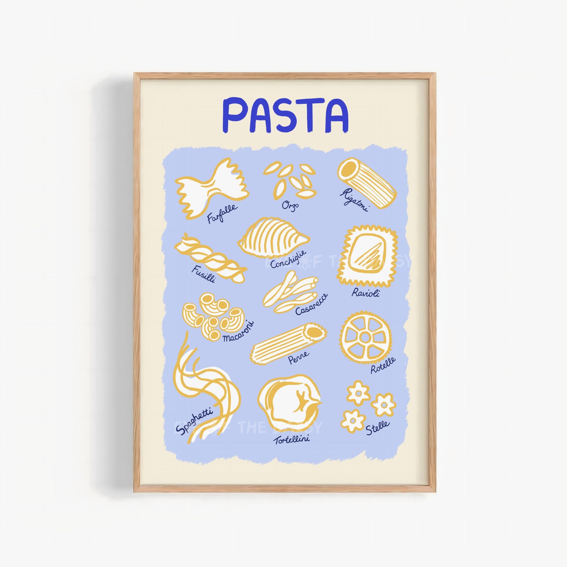 Pasta guide print, funny foodie printable wall art with hand draw pasta shape illustrations with the pasta type names in blue and yellow