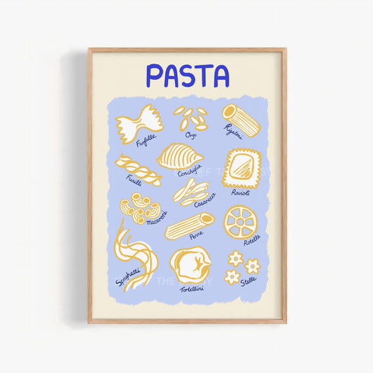 Pasta guide print, funny foodie printable wall art with hand draw pasta shape illustrations with the pasta type names in blue and yellow