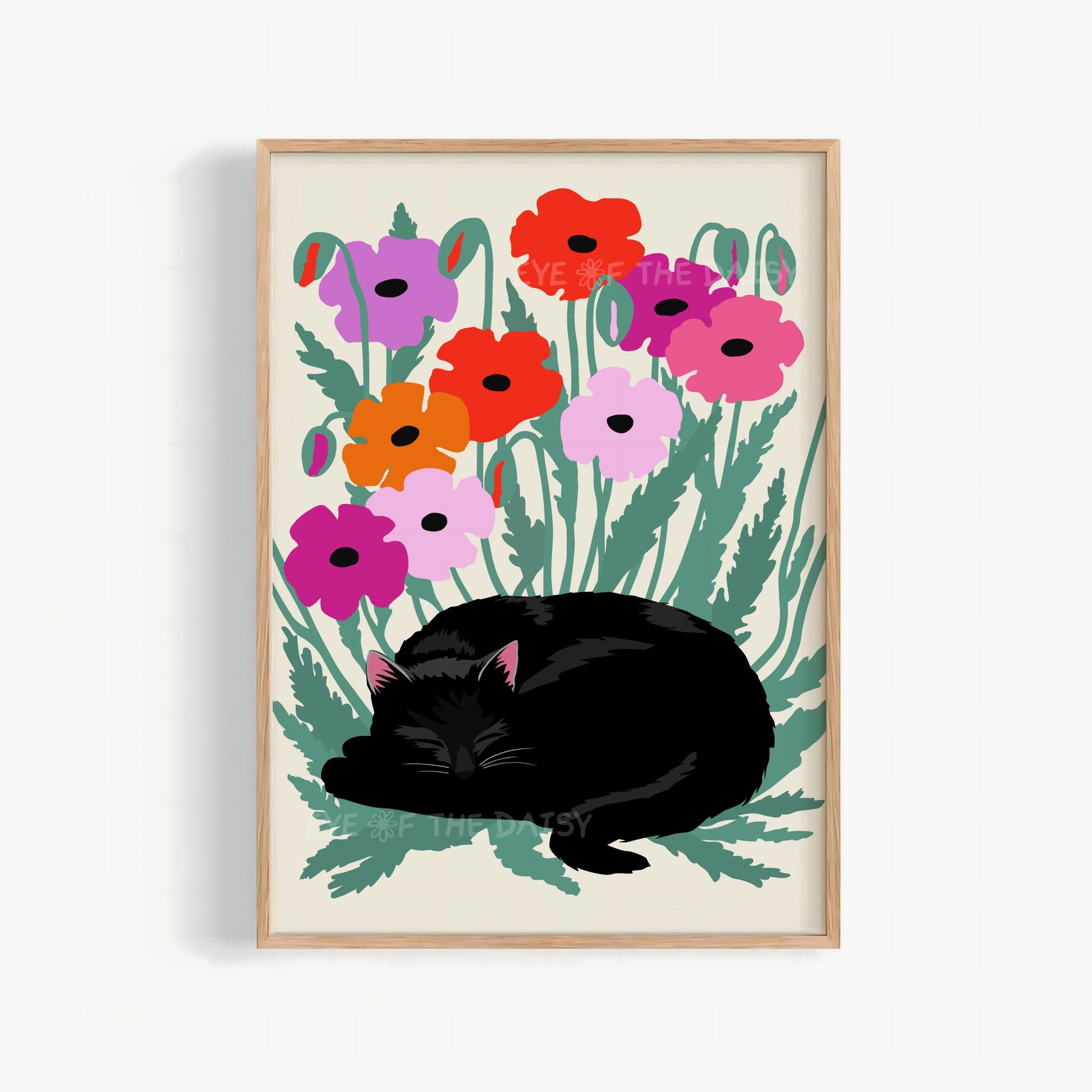 Sleeping cat in poppy field print, whimsical retro wall art, printable poster download perfect for cosy corners and reading nooks