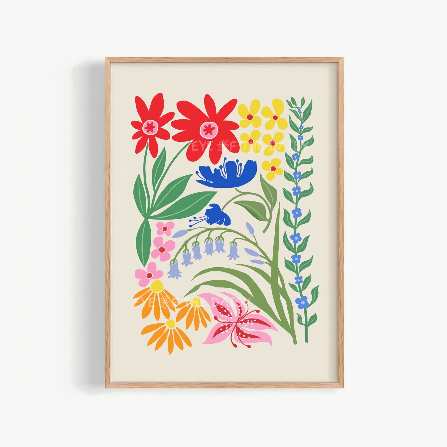 Bright colorful abstract floral print with red, royal blue, yellow, orange and pink intertwining flowers and green leaves on beige