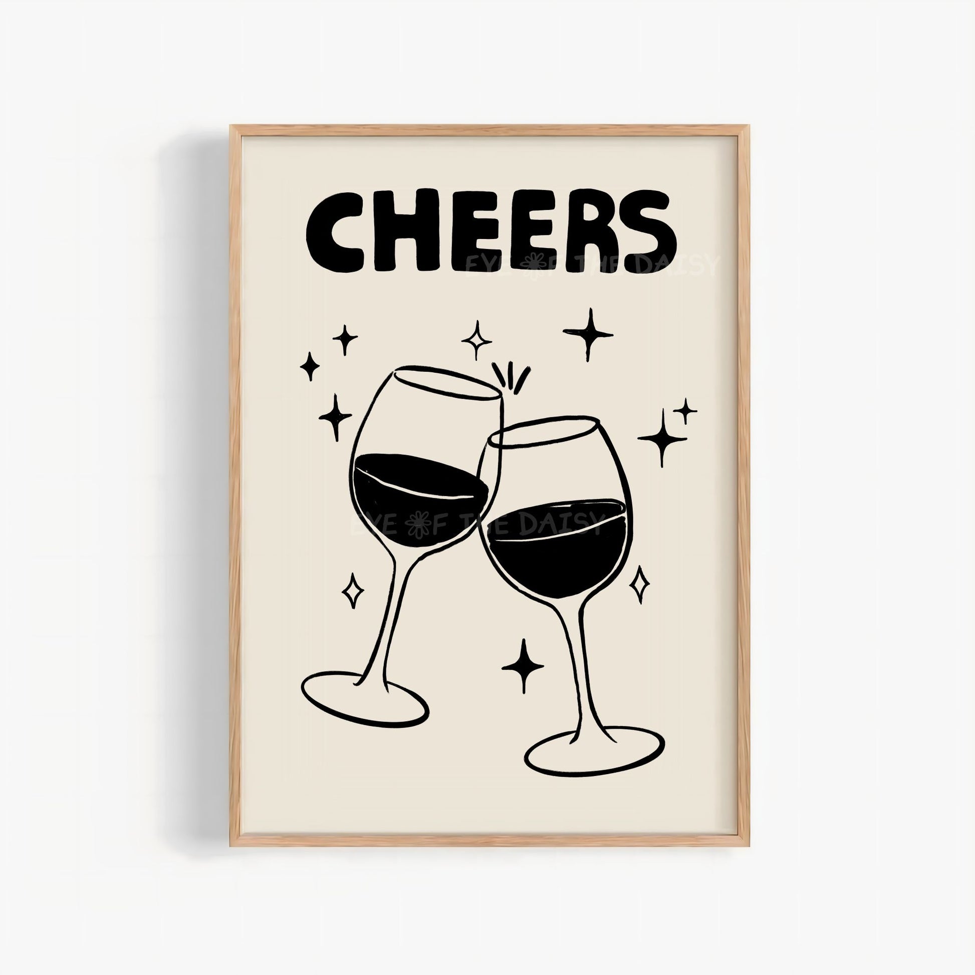 Cheers print with hand drawn clinking wine glasses illustration, neutral quirky cheers poster great for fun kitchen wall decor
