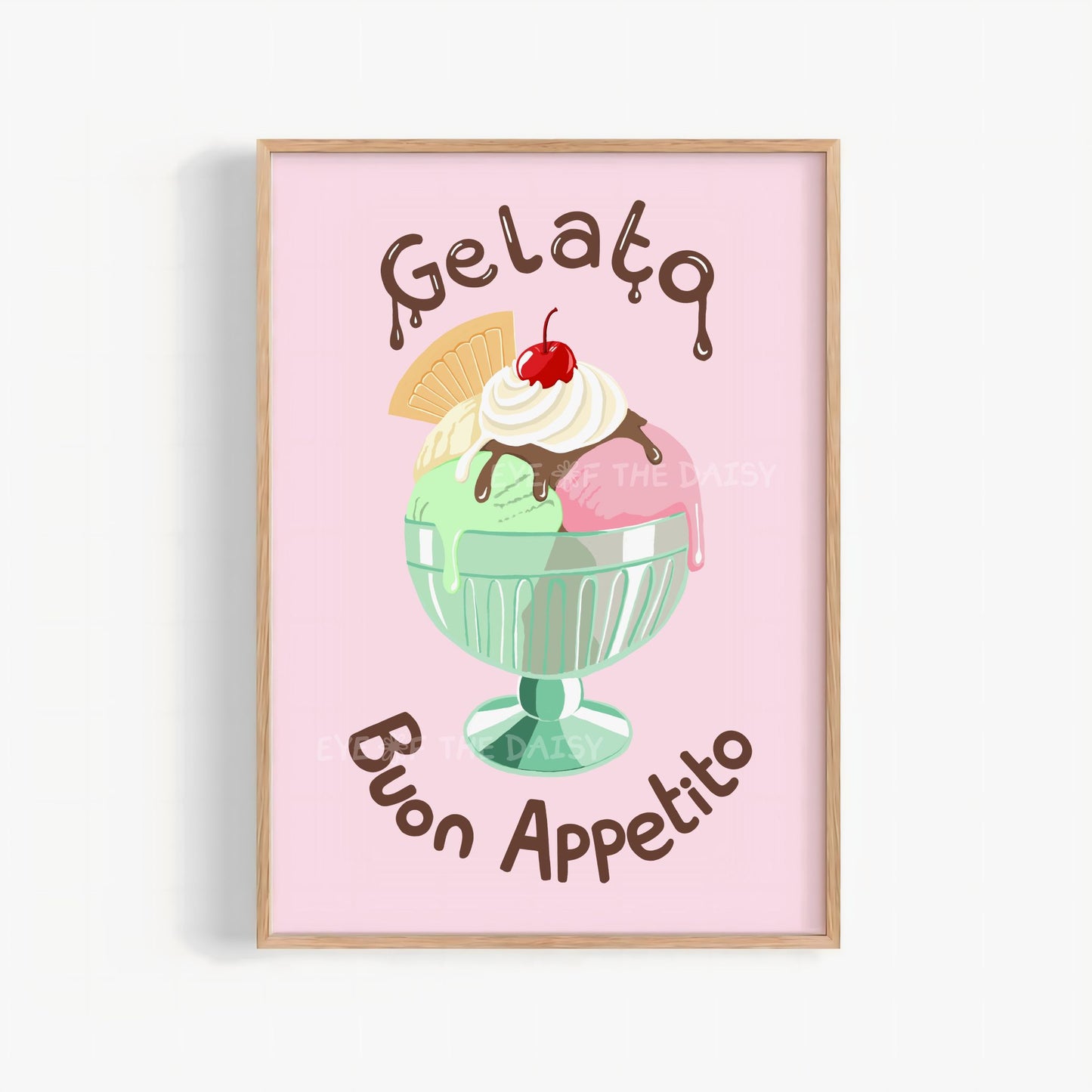 Funky Italian "Gelato" art print with chocolate "Buon Appetito" typography  and a hand drawn illustration of an ice cream sundae on pink