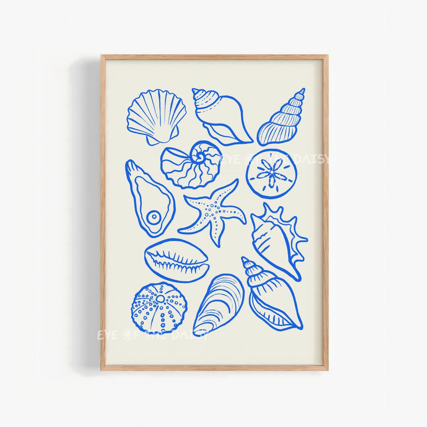 Hand drawn blue sea shells printable wall art on a beige, great for modern contemporary coastal wall decor