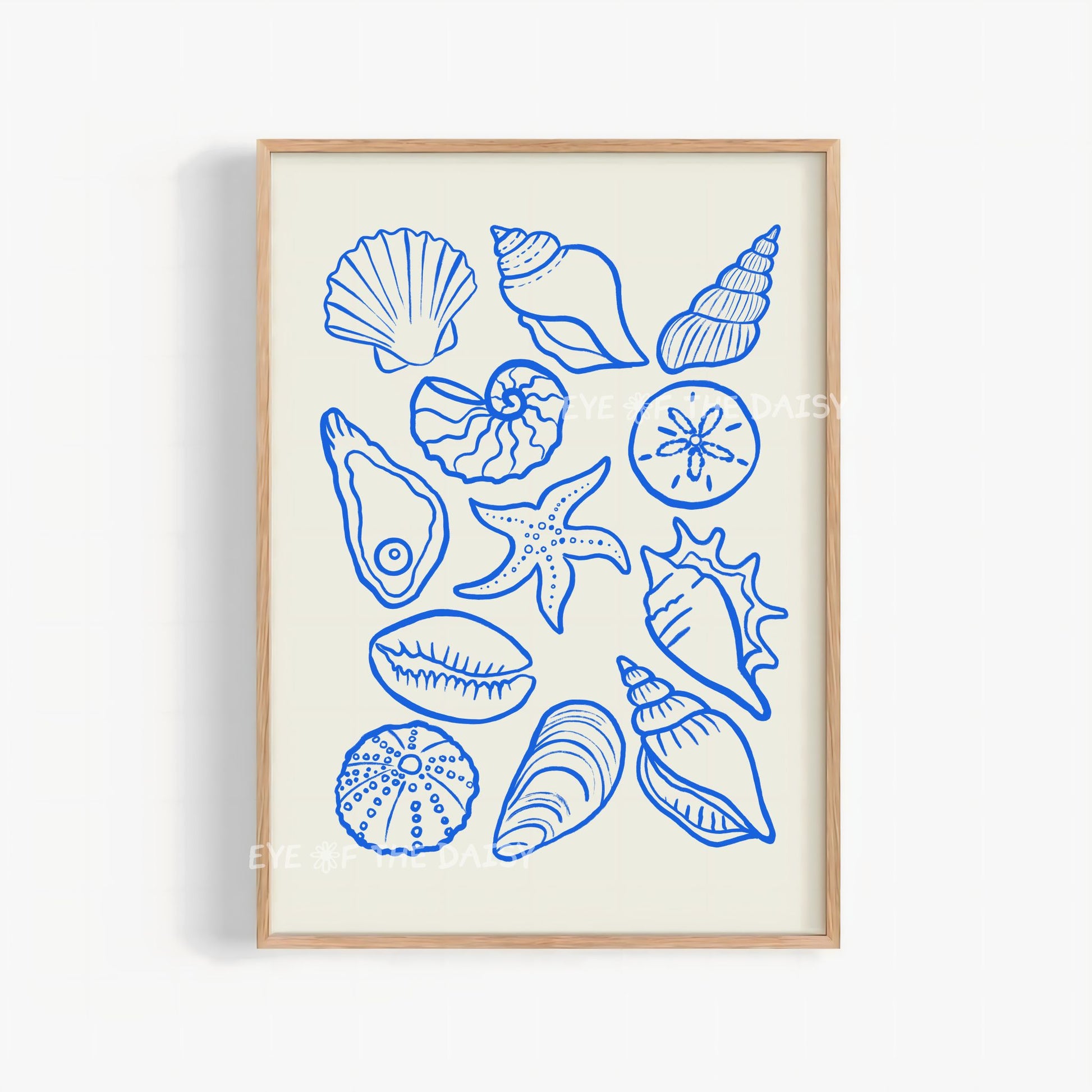 Hand drawn blue sea shells printable wall art on a beige, great for modern contemporary coastal wall decor