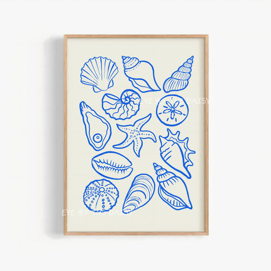 Hand drawn blue sea shells printable wall art on a beige, great for modern contemporary coastal wall decor