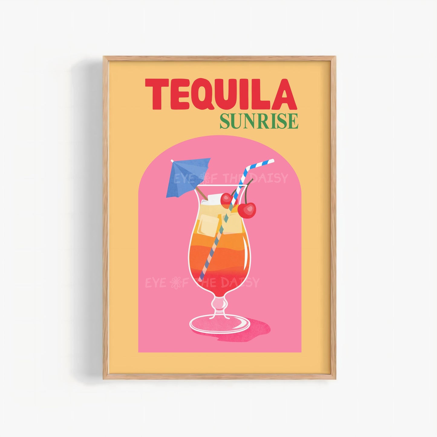 Pink and orange Tequila  Sunrise cocktail print, retro alcohol printable wall art for bar cart, kitchen, or dorm room decor