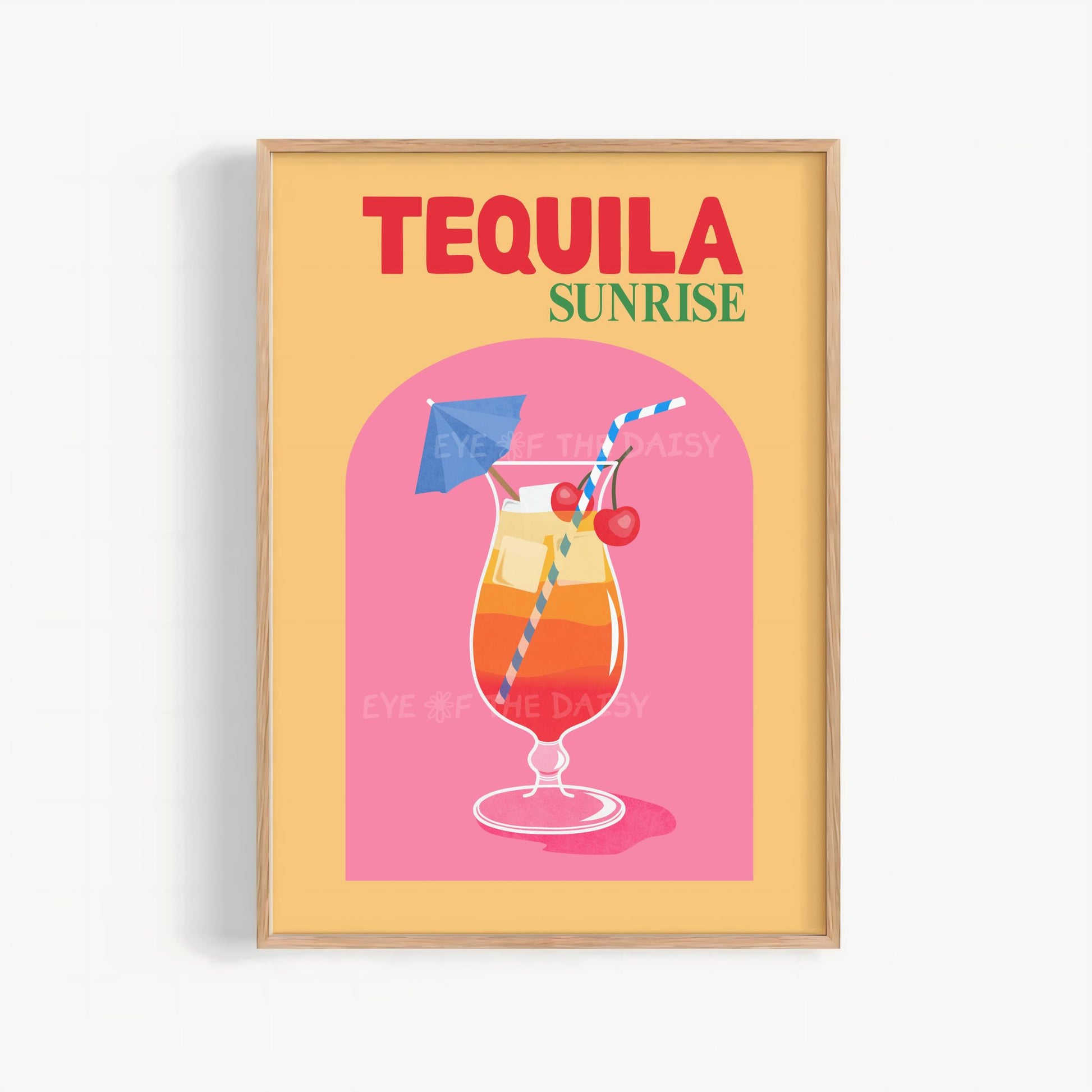Pink and orange Tequila  Sunrise cocktail print, retro alcohol printable wall art for bar cart, kitchen, or dorm room decor