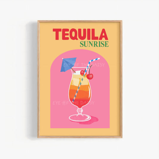 Pink and orange Tequila  Sunrise cocktail print, retro alcohol printable wall art for bar cart, kitchen, or dorm room decor