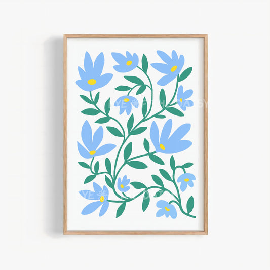 Blue Abstract Flowers Printable Wall Art | Sky Blue Botanical Print Digital Download | Whimsical Floral Print