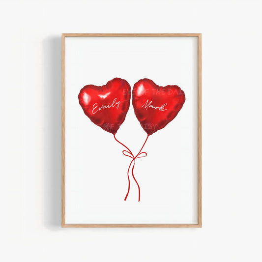 Personalized couples print, red heart balloons wall art, romantic custom couples gift, digital download