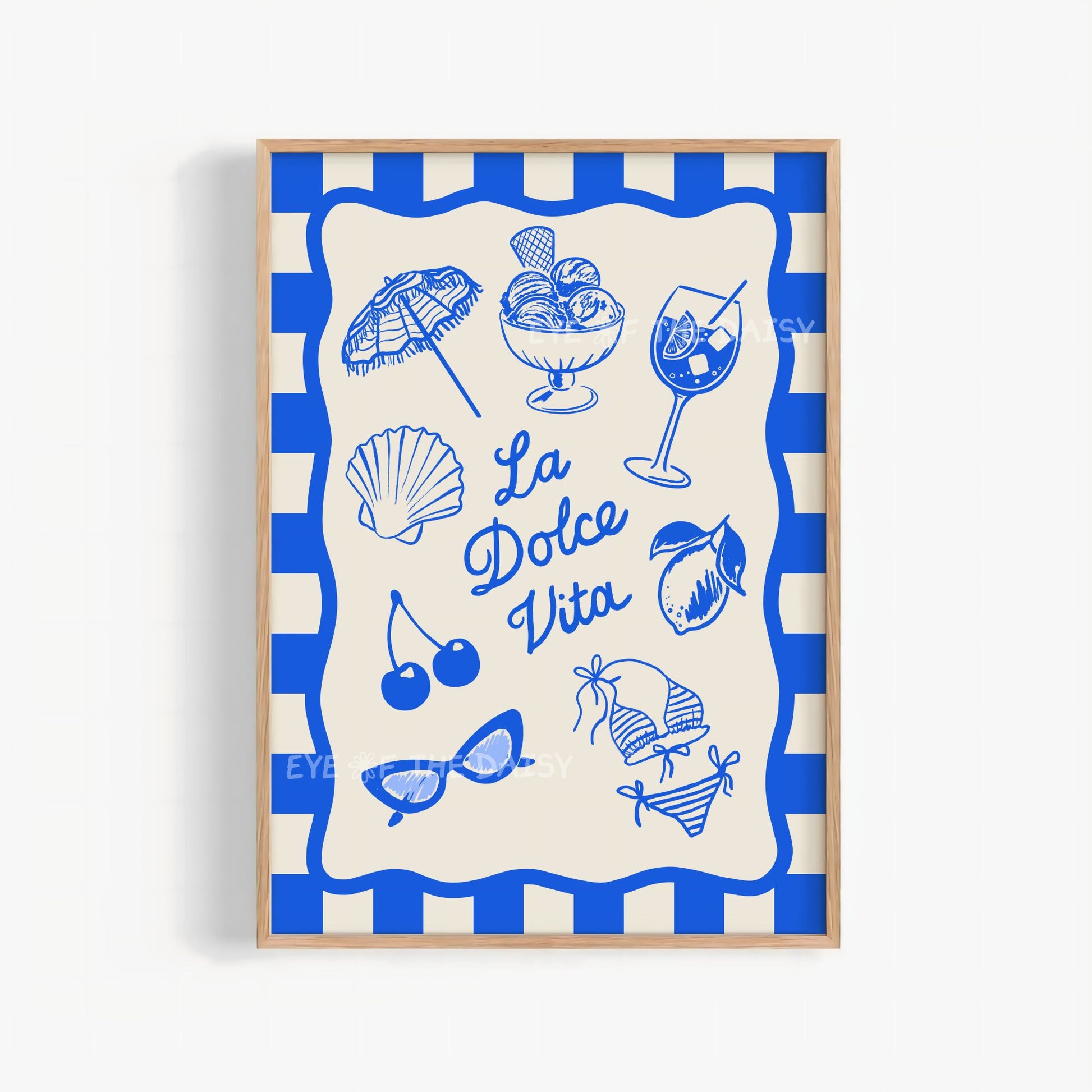 La Dolce Vita print digital download – blue Italian summer sketch with gelato, spritz, lemon, and cherries, printable wall art