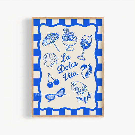 La Dolce Vita print digital download – blue Italian summer sketch with gelato, spritz, lemon, and cherries, printable wall art