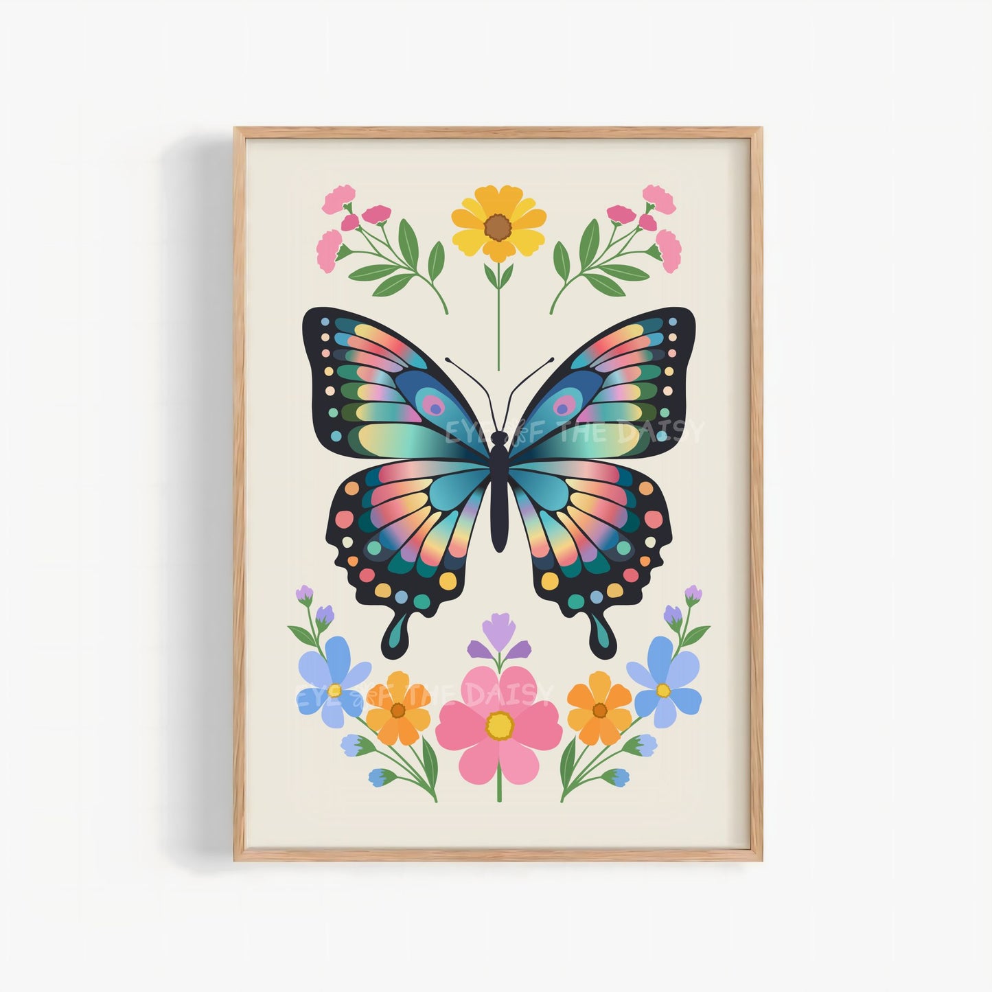 Colorful boho butterfly and flowers printable wall art in Norwegian folk art style with beige background