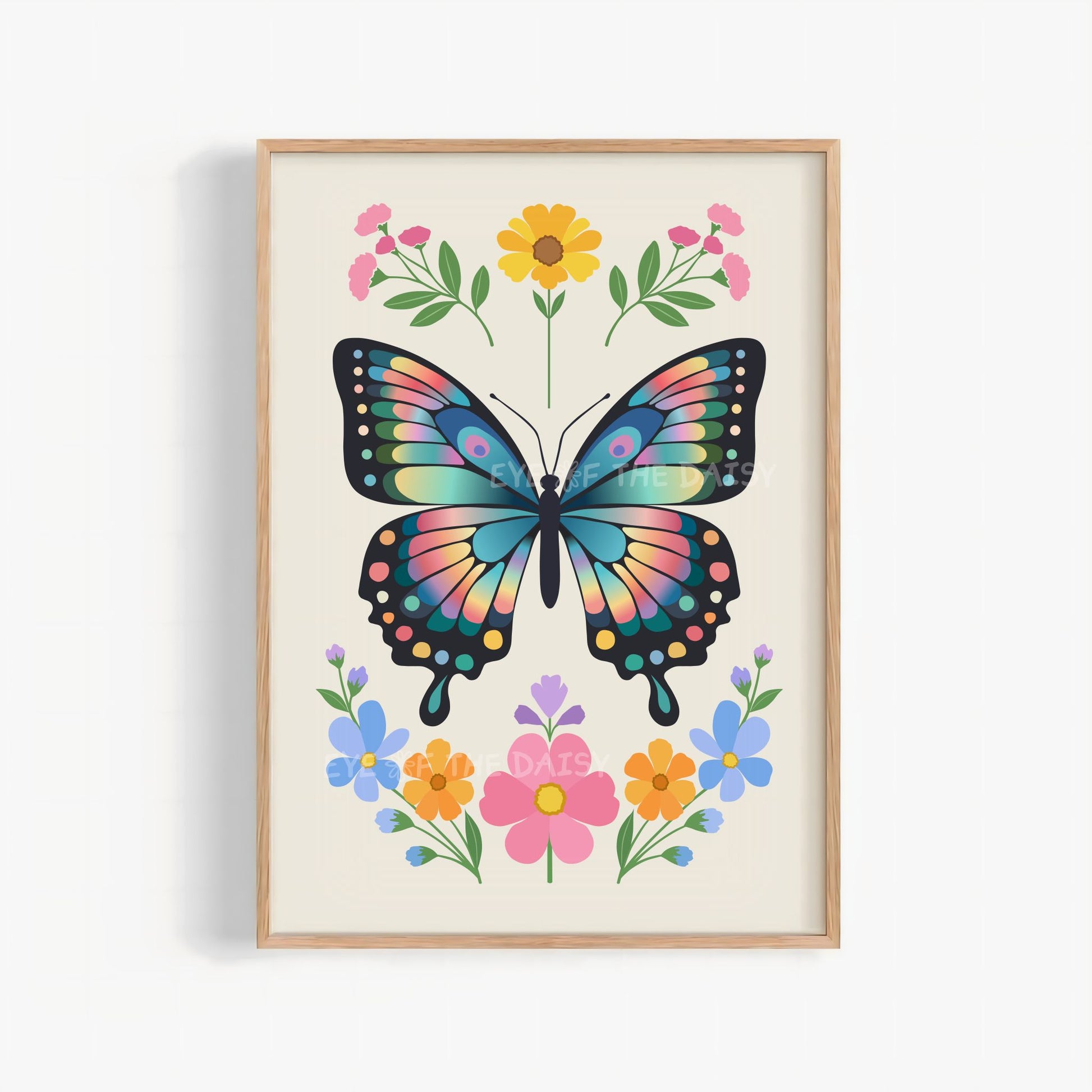 Colorful boho butterfly and flowers printable wall art in Norwegian folk art style with beige background