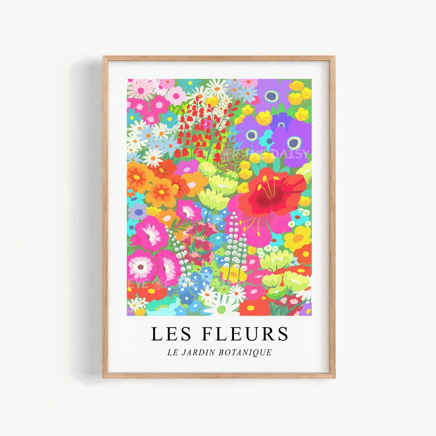 Vibrant colorful Les Fleurs print with brightly colored flower garden illustration, modern floral wall decor