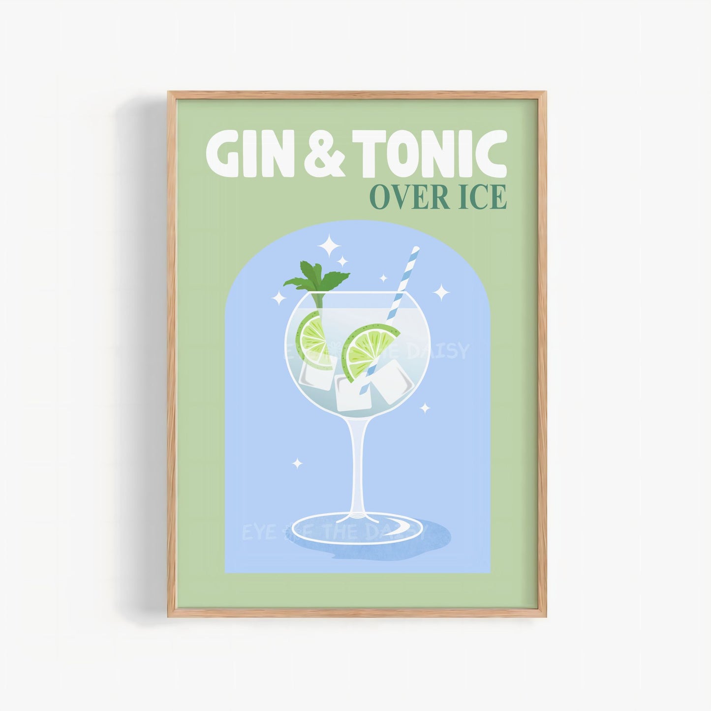 Cocktail printable wall art print featuring retro 'Gin & Tonic' phrase in sage green and blue – fun funky cocktail print