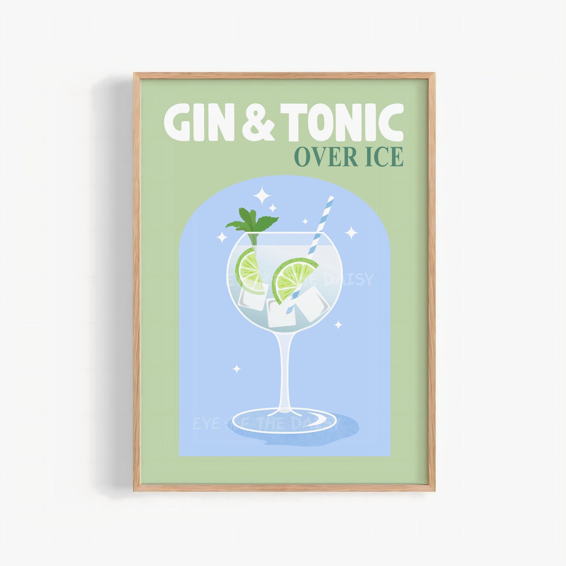 Cocktail printable wall art print featuring retro 'Gin & Tonic' phrase in sage green and blue – fun funky cocktail print