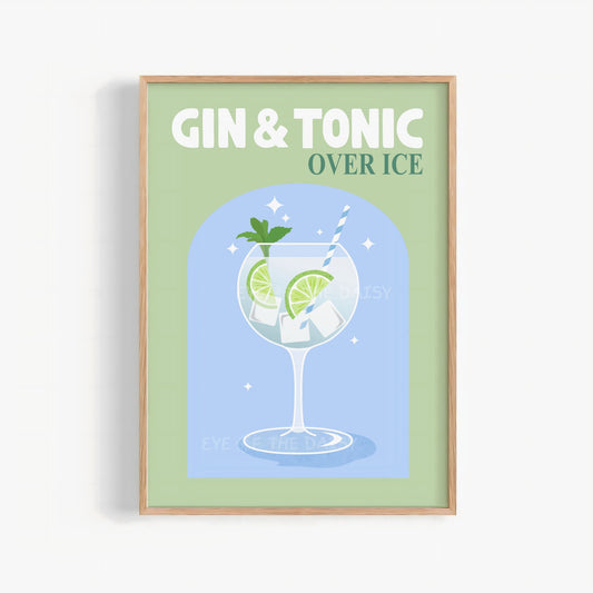 Cocktail printable wall art print featuring retro 'Gin & Tonic' phrase in sage green and blue – fun funky cocktail print