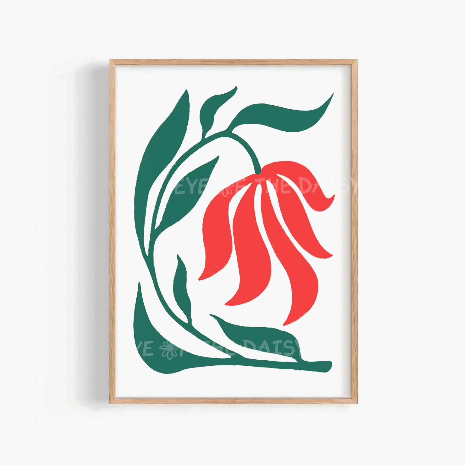 red and green Scandi flower print digital download, bold minimal floral wall art for living room decor, hand drawn no AI