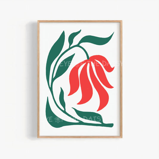 red and green Scandi flower print digital download, bold minimal floral wall art for living room decor, hand drawn no AI