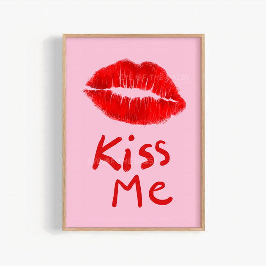Hand drawn red Kiss Me lips printable wall art for Valentine’s Day or dopamine decor in bedrooms or dorms