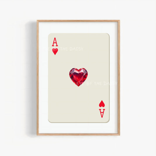 Playful playing card Ace of Hearts printable wall art — red and beige digital download with heart jewel, perfect quirky poster printable