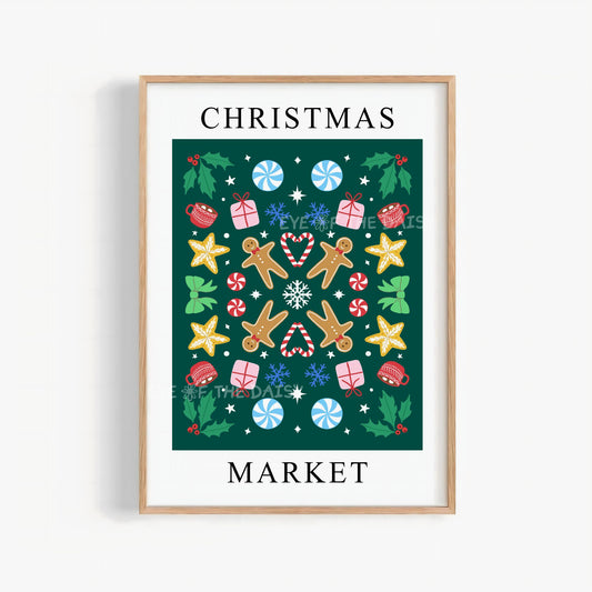 Christmas Market Digital Art Print | Nordic Folk Art Holiday Decor | Printable Wall Art