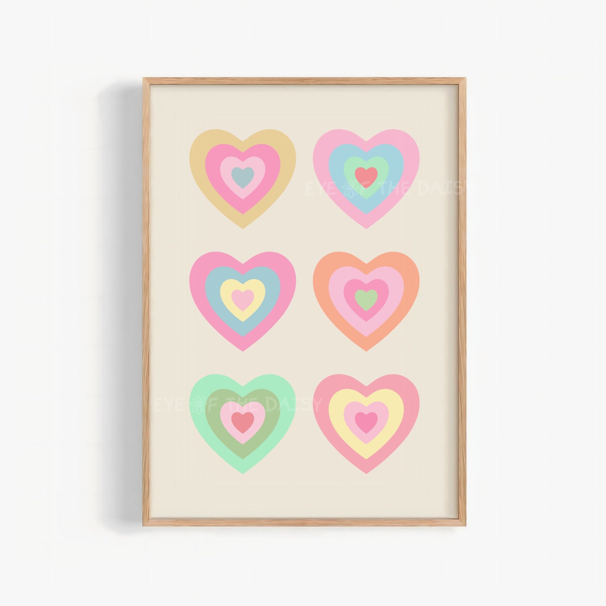 Retro hearts printable wall art in pastel colours, trendy and Y2K print digital download for dorms or bedrooms