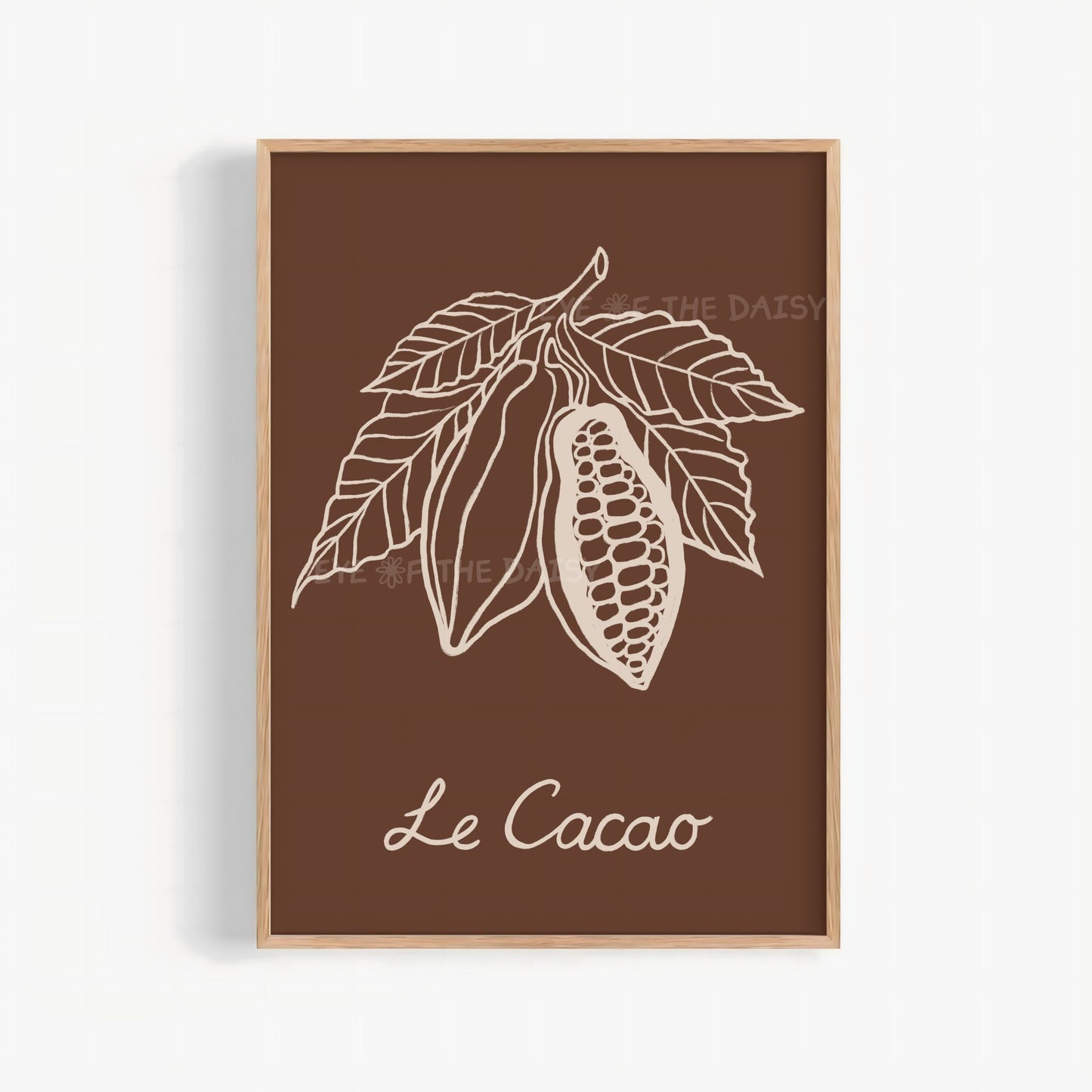Hand-drawn cocoa plant digital print in warm earth tones, perfect for a cozy kitchen wall