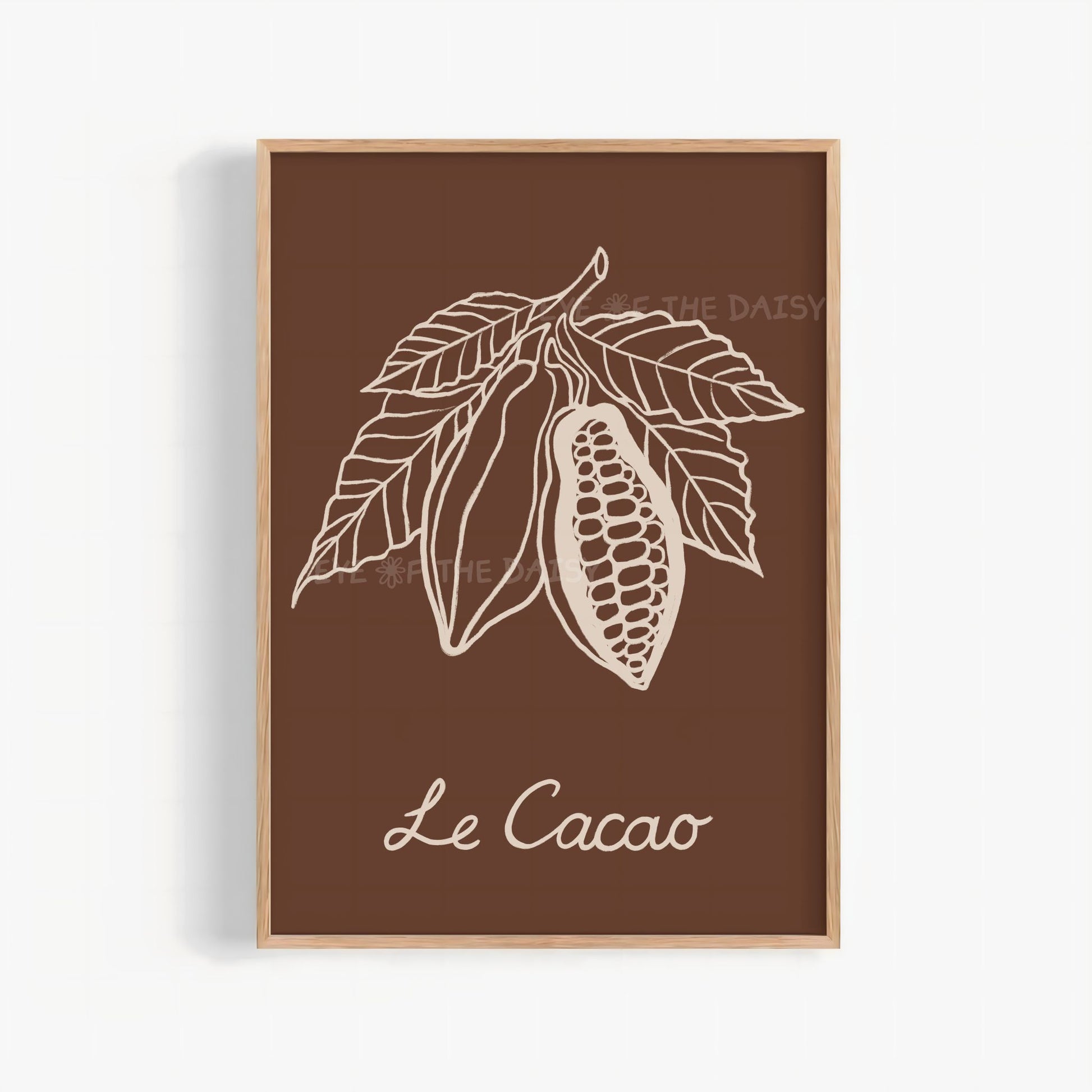 Hand-drawn cocoa plant digital print in warm earth tones, perfect for a cozy kitchen wall