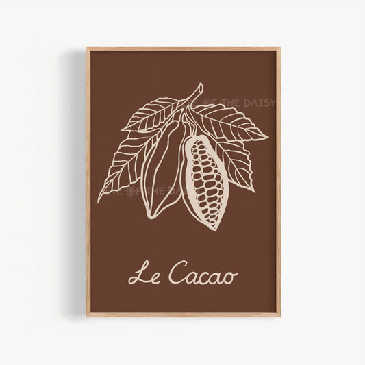 Hand-drawn cocoa plant digital print in warm earth tones, perfect for a cozy kitchen wall