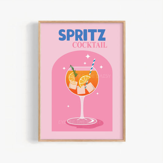 Colourful printable poster of a trendy "Spritz" cocktail in pink & orange with text