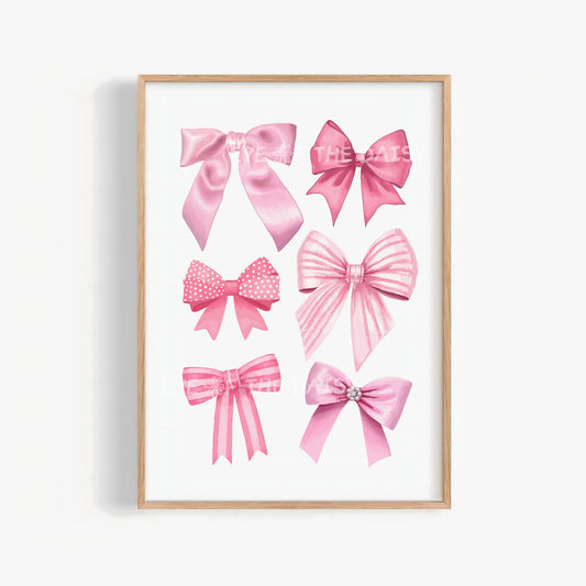 Pink watercolour bows printable wall art, balletcore coquette wall decor for nursery or dorm room