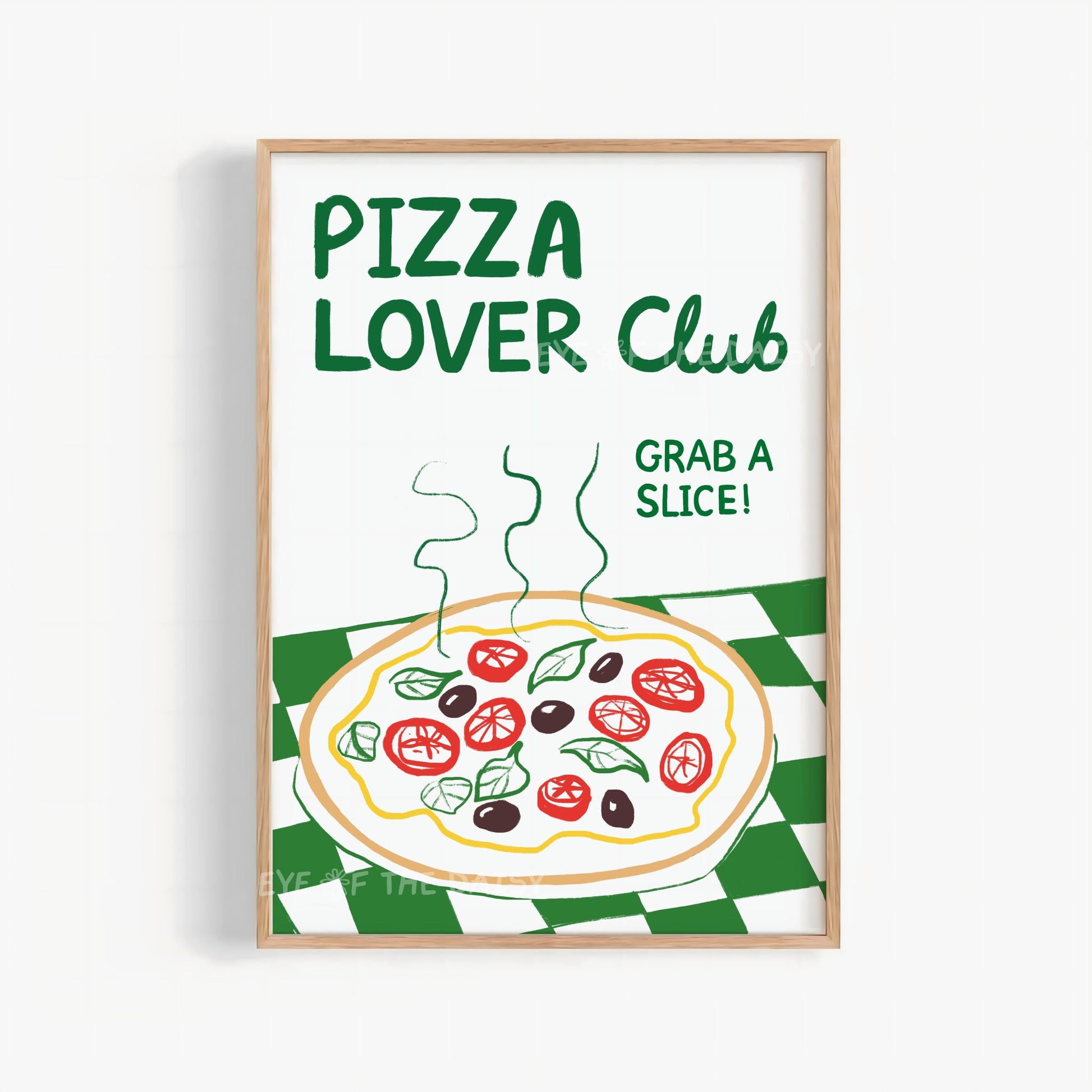 Pizza Lover Club print - printable wall art with funny quote and funky hand drawn pizza illustration in green, red, yellow