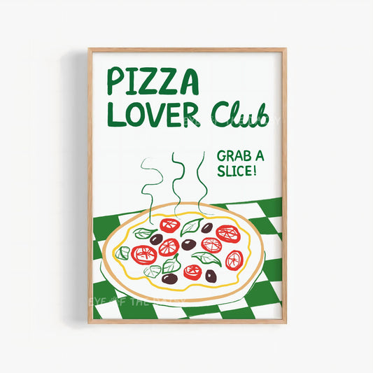 Pizza Lover Club print - printable wall art with funny quote and funky hand drawn pizza illustration in green, red, yellow