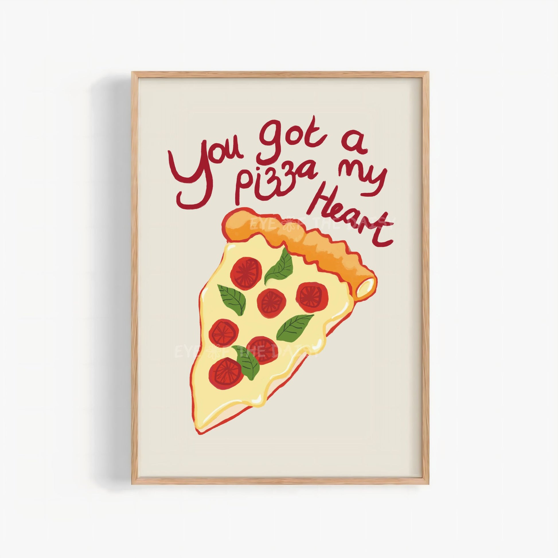 You Got a Pizza My Heart hand drawn pizza print in vibrant colors, funny pizza quote printable wall art for fun modern kitchen decor