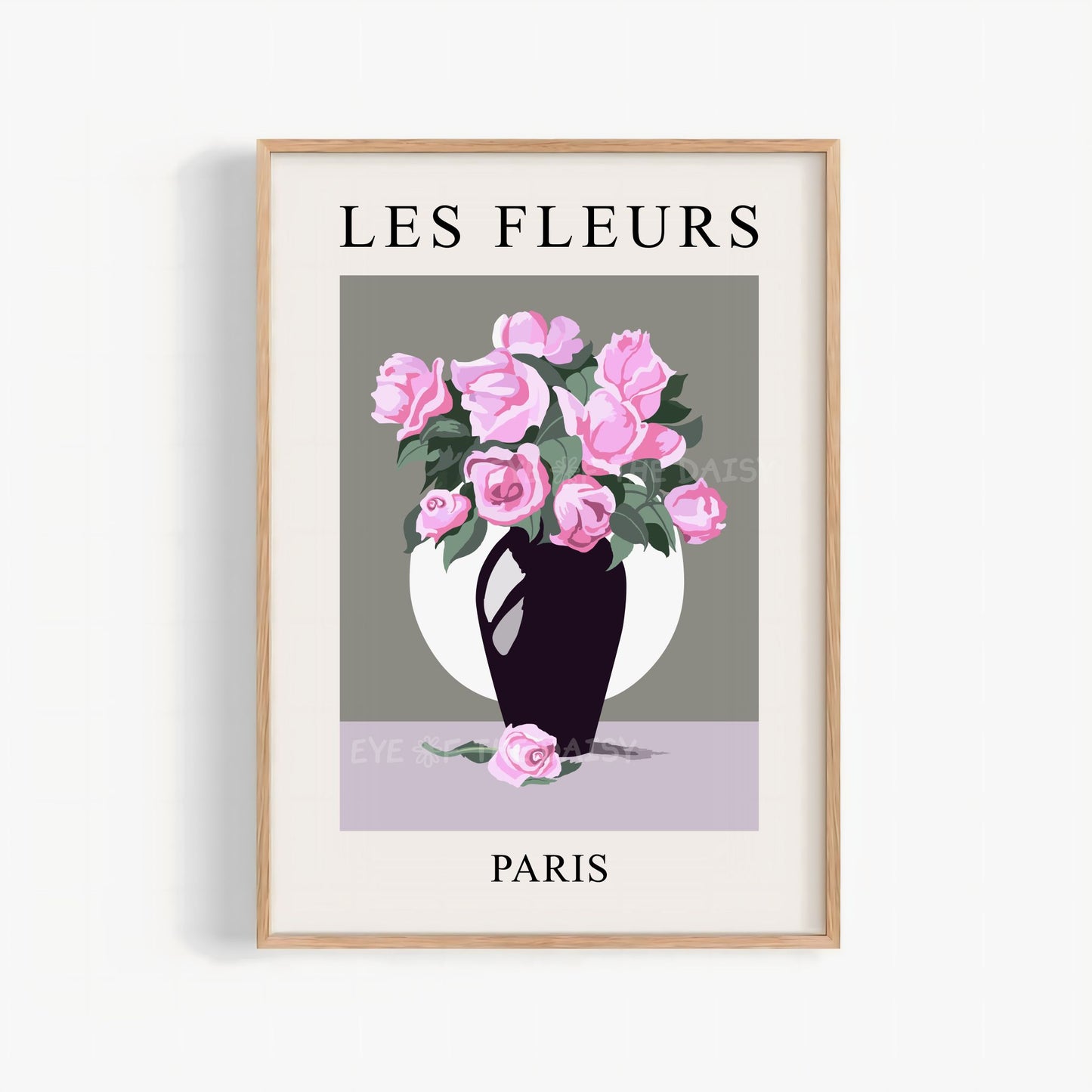 Les Fleurs exhibition poster print — pink roses in vase digital download, perfect vintage floral wall art for modern gallery or cozy bedrooms