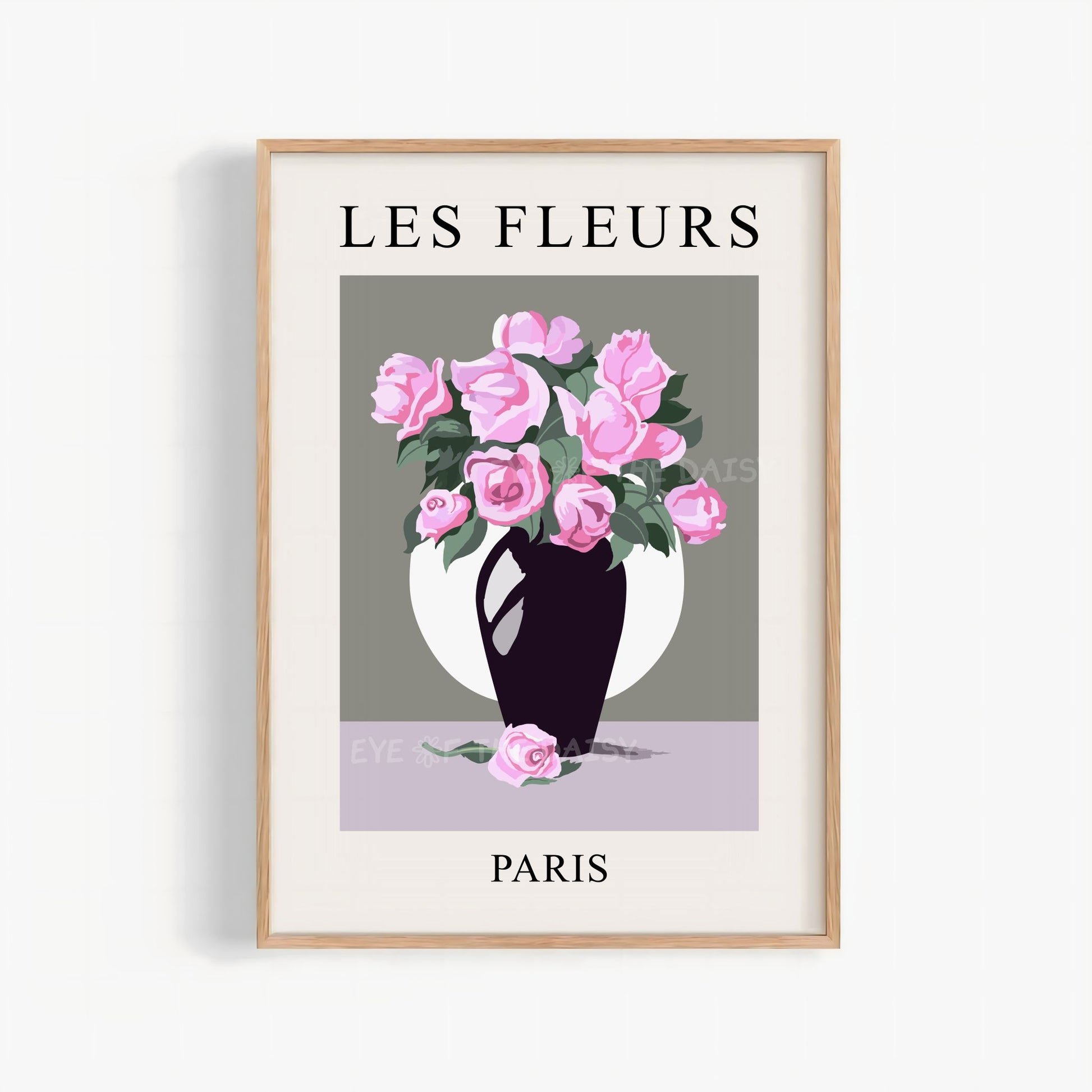 Les Fleurs exhibition poster print — pink roses in vase digital download, perfect vintage floral wall art for modern gallery or cozy bedrooms