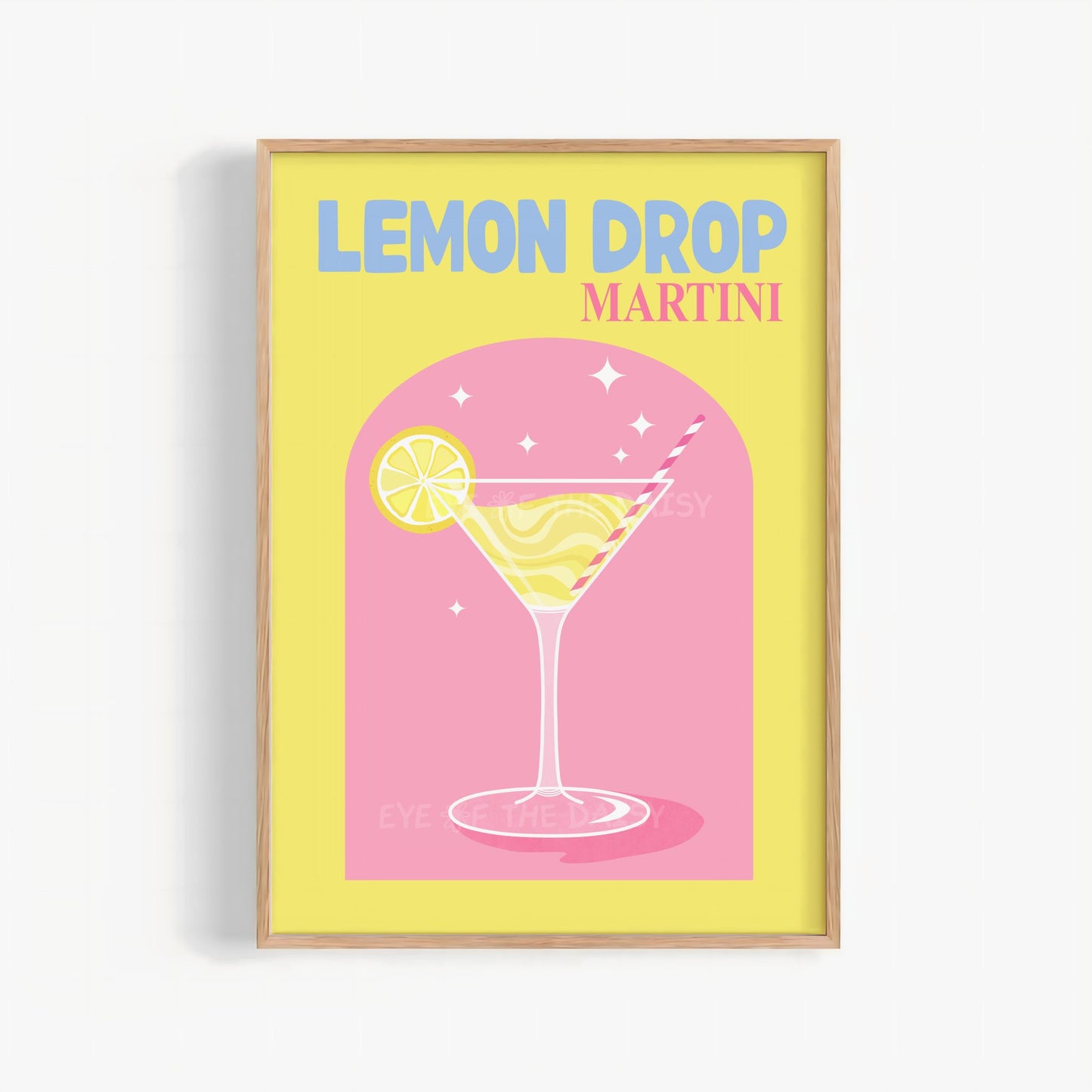 Trendy colorful "Lemon Drop Martini" cocktail print in vibrant yellow and pink, for bar cart gallery wall decor