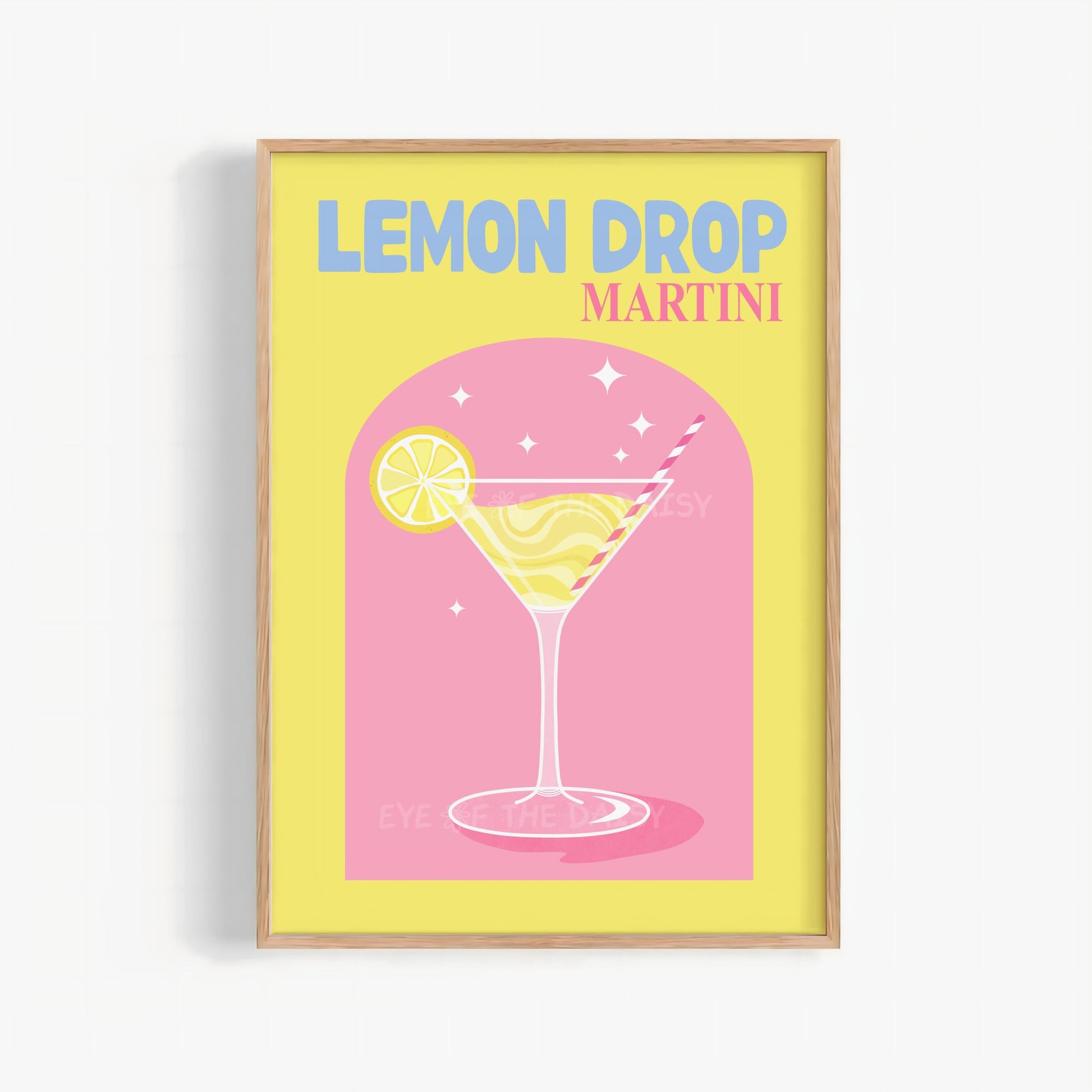 Trendy colorful "Lemon Drop Martini" cocktail print in vibrant yellow and pink, for bar cart gallery wall decor